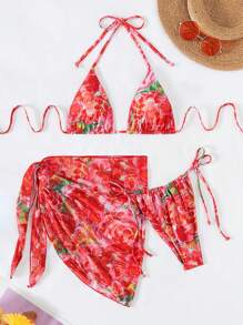 SHEIN Swim 夏季花卉印花三角比基尼套装（含沙滩裙）情人 - 彩色 - 查看 1