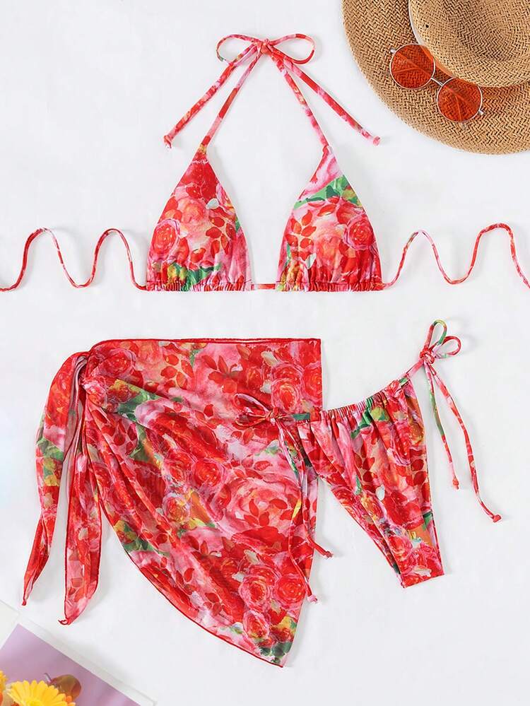 Summer Floral Printed Triangle Bikini Set With Beach Skirt Valentine