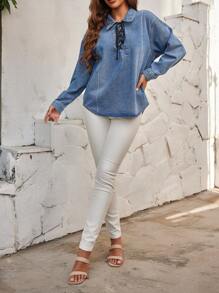 SHEIN LUNE Cross Strap Denim Pullover Top - Dark Wash - View 6