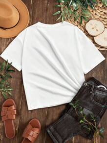 SHEIN Tween Girls' Casual Simple Short Sleeve Round Neck T-Shirt, Suitable For Summer