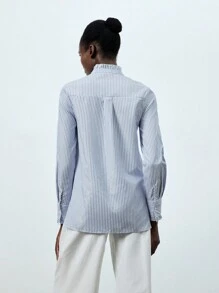 GENKIRA Camisa De Manga Larga A Rayas Para Mujer - Azul y blanco - Ver 2