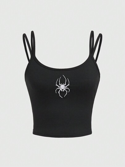 ROMWE Grunge Punk Regata Bordada com Aranha Gótica de Halloween para Mulheres, Peça para Camadas