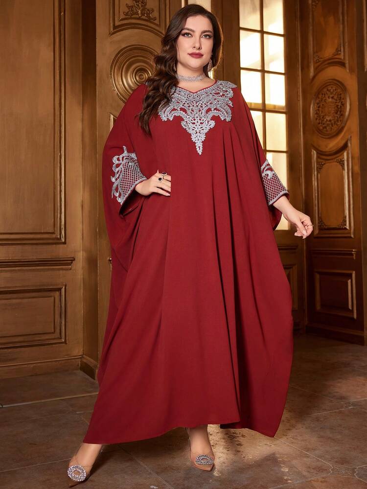 Plus Size Embroidery Patchwork Batwing Sleeve Dress Kaftan Jalabiya Dress