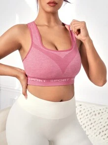 Yoga High Street 大尺碼字母印花交叉後背運動文胸 - 粉色 - 查看 3