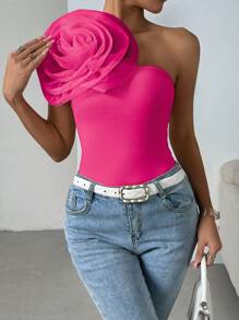 Chiquease Women's One Shoulder Top With 3d Flower Detail - Hot Pink - View 3