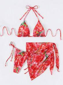 SHEIN Swim 夏季花卉印花三角比基尼套装（含沙滩裙）情人 - 彩色 - 查看 4