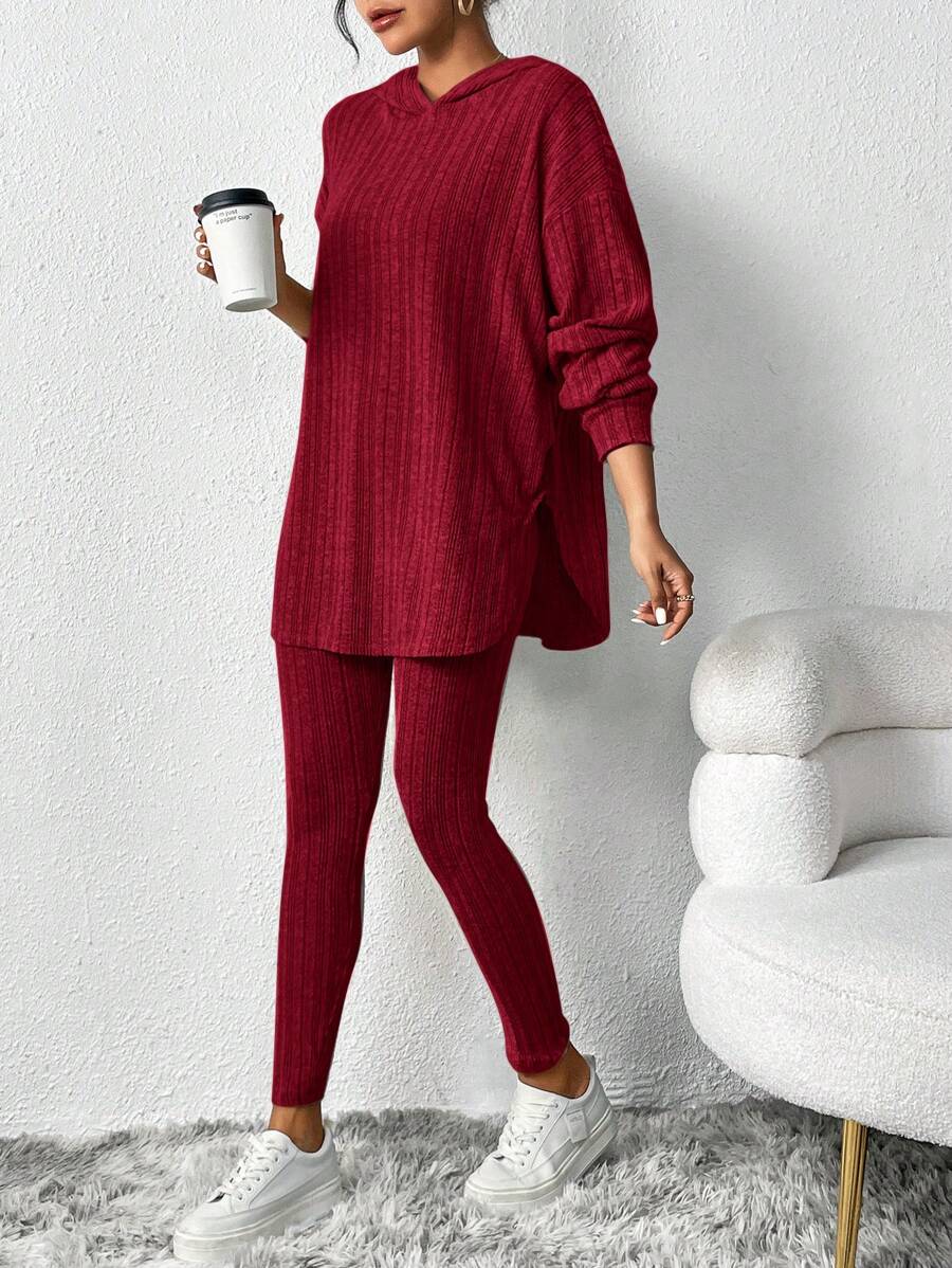 SHEIN Essnce Women Outfit Sets Black Velvet Sweatshirt Hooded Long-Sleeved Warm Tight Leggings Women's Casual Striped Hooded Top Leggings Winter - Burgundy - View 1