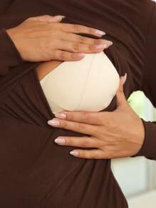 SHEIN Maternity Stand Collar Long Sleeve T-Shirt - Brown - View 4