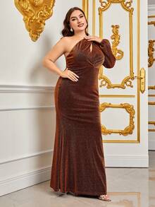 Plus Sloping Neck Cocktail Dress With - Brown - View 4