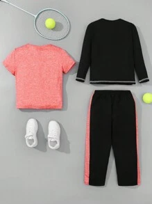 SHEIN 3入組幼兒男童寬鬆休閒短袖t恤、長褲和短褲運動套裝 - 彩色 - 查看 2