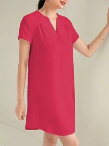 SHEIN LUNE 女式短袖v領凹口裙擺連衣裙 - 玫紅色 - 查看 5