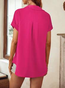 SHEIN LUNE Solid Color Short Sleeve Shirt - Hot Pink - View 2