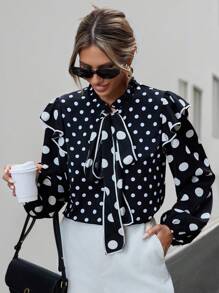 SHEIN Privé 女士波點領結荷葉邊上衣 - 黑與白 - 查看 1