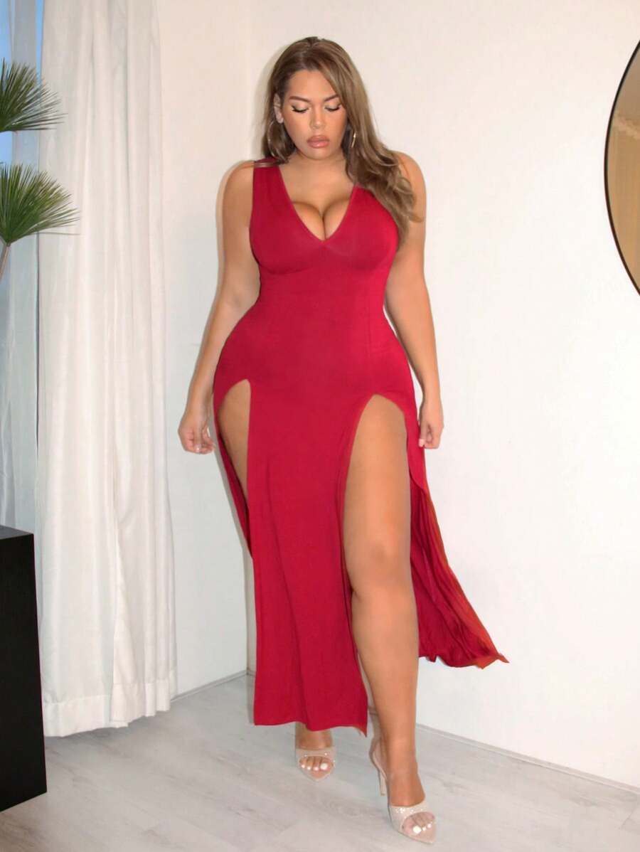 SHEIN SXY Vestido Con Escote Pronunciado Y Abertura En El Muslo Para Tallas Grandes - Burdeos - Ver 1