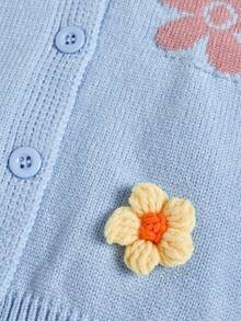 SHEIN 寶寶女孩可愛的花紋長袖V領針織開襟衫 - 藍色 - 查看 3