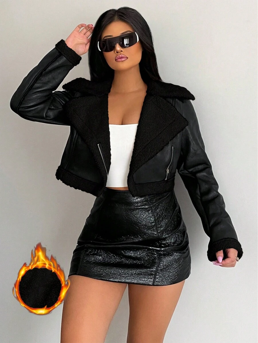 VaVaBold Women's Fleece Short Motorcycle Jacket Fall Winter Cloth For Women - Black - View 1