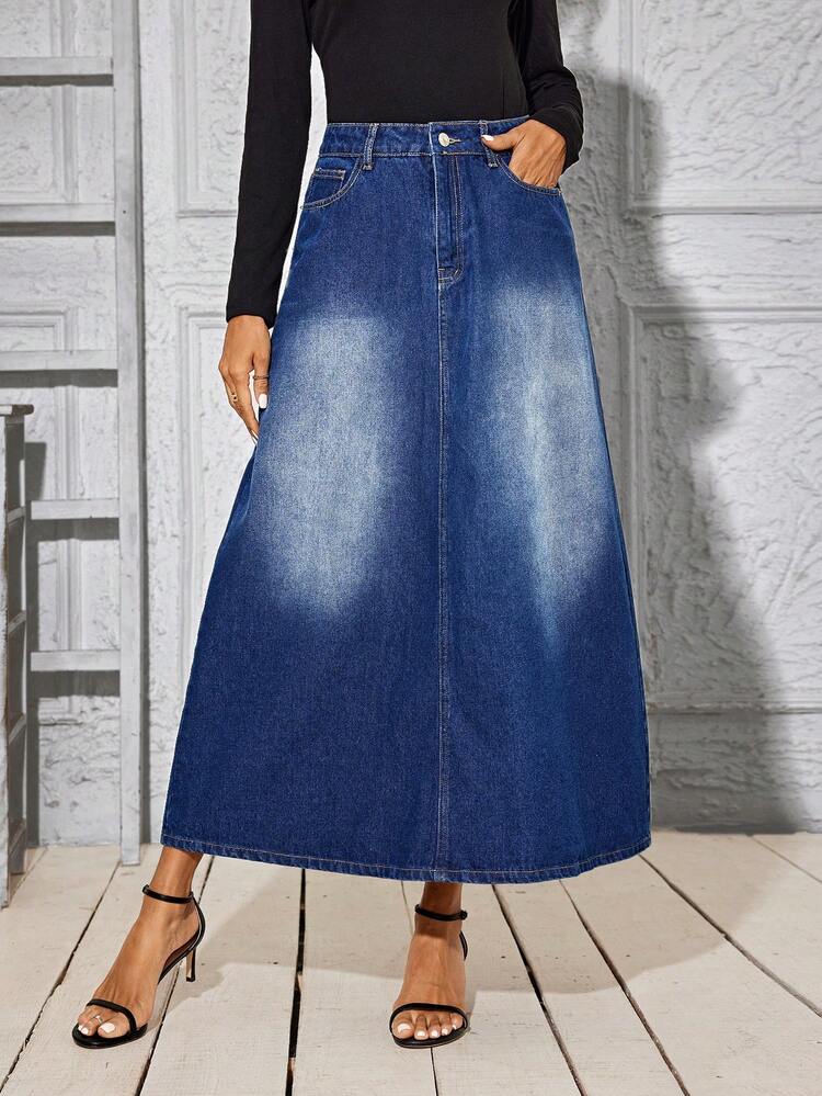 High Waist Washed Denim Skirt