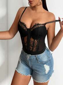 Allurite Ladies' Lace Strappy Bodysuit - Black - View 4