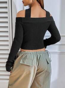 SHEIN Unity Áo len ngắn tay cổ yếm khoét rỗng, kiểu dáng chui đầu, chất liệu dệt kim, thích hợp cho mùa thu đông. - màu đen - Xem 2