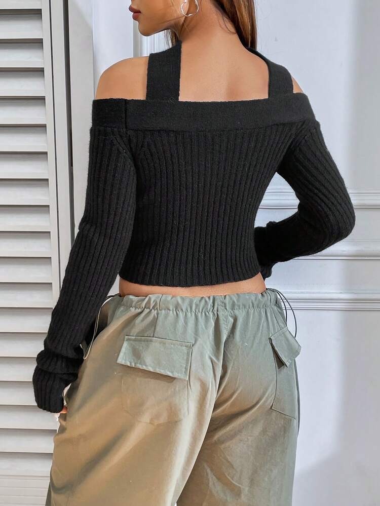 Hollow Out Halter Short Crop Sweater With Long Sleeves Knit Pullover Fall Winter Sweater