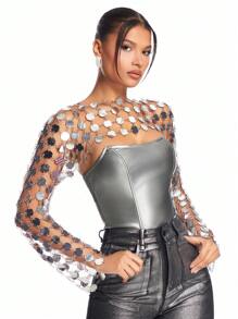 SHEIN BAE Women's Solid Color Metallic Gorgeous Music Festival Club Party Date Night Sparkly Sequin Cover-Up Top