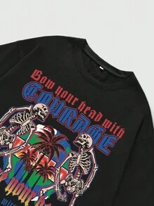 ROMWE MEN Street Life Nam Sọ Và In Dừa Áo thun Với dây rút Eo Quần short Hai chiếc Bộ - màu đen - Xem 8