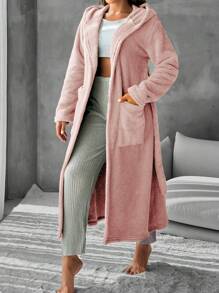 RueChic Dual Pocket Hooded Belted Flannel Lounge Robe - Pink - View 4
