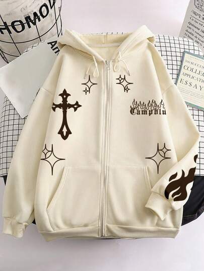 INAWLY Sudadera con capucha con cremallera, cordón y forro térmico con gráficos de estrellas y letras, de manga larga
