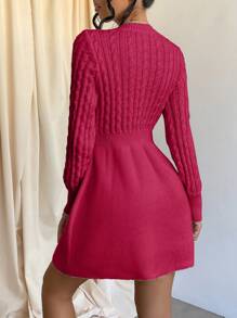 SHEIN Cottnline Cable Knit Long Sleeve Sweater Dress - Hot Pink - View 2