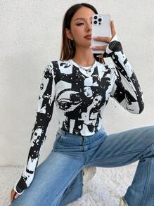SHEIN Unity Women's Portrait Printed Long Sleeve T-Shirt Fall Cloth For Women - White - View 6