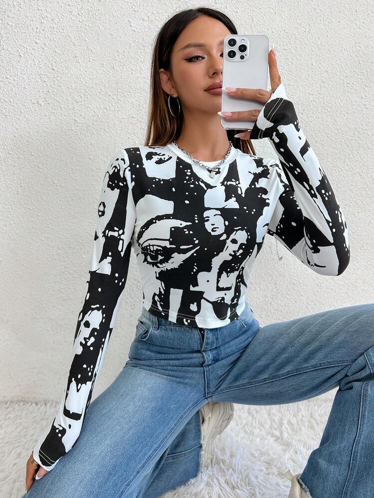 Women's Portrait Printed Long Sleeve T-Shirt Fall Cloth For Women