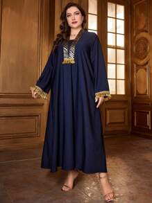 Al Najma Plus Size Women'S Tassel Trim Arabic Style Abaya Dress Kaftan Jalabiya Dress - Blue - View 5