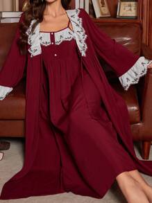 PalaceNights Women's Floral Embroidered Long Sleeve Tie Front Robe And Cami Nightgown Pajama Set Holiday Season, Fall Winter Clothes