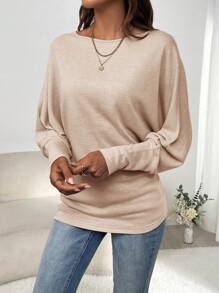 SHEIN Clasi 純色蝙蝠袖t恤 - 卡其色 - 查看 4