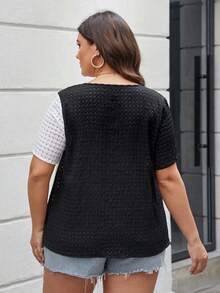 SHEIN LUNE Plus Size Women'S Color-Block Short Sleeve Shirt - Black and White - View 2