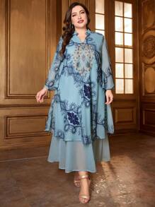 Al Najma Women'S Plus Size Lace Patchwork Notched Neckline High-Low Hem Dress