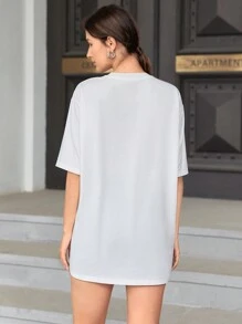 SHEIN Unity 女裝貓咪和字母印花t恤 - 白色 - 查看 2