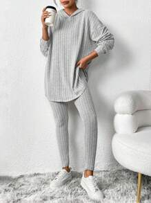 SHEIN Essnce 純色連帽衛衣和褲裝兩件套 - 淺灰色 - 查看 4