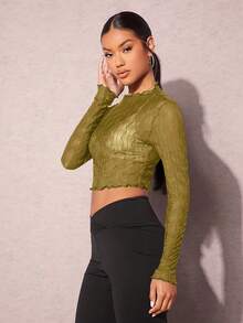 SHEIN BAE 1件具括花邊邊緣和半透明設計的短上衣 - 橄欖綠 - 查看 4