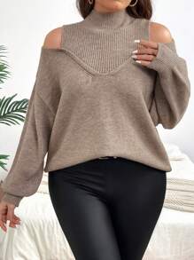 Celure Kích thước lớn Vai lạnh Cổ giả Áo len - màu nâu - Xem 6