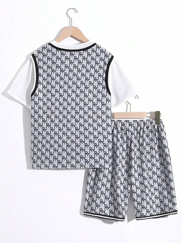 Tween Boys' Loose Fit Round Neck Printed 2 In 1 Short Sleeve T-Shirt And Shorts Set