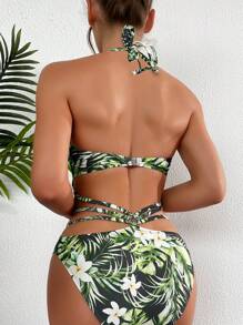 SHEIN Swim Đồ bơi một mảnh hở lưng họa tiết nhiệt đới mùa hè - Nhiều màu - Xem 1