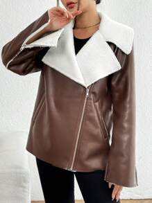 SHEIN LUNE Chaqueta De La Motocicleta, De PU, Para Mujer, Con Solapa De Color Contrastante