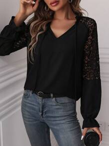 SHEIN LUNE 女士蕾絲拼接荷葉袖衫 - 黑色 - 查看 5