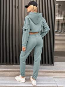 RueChic Letter Graphic Drop Shoulder Crop Hoodie & Sweatpants - Mint Blue - View 1