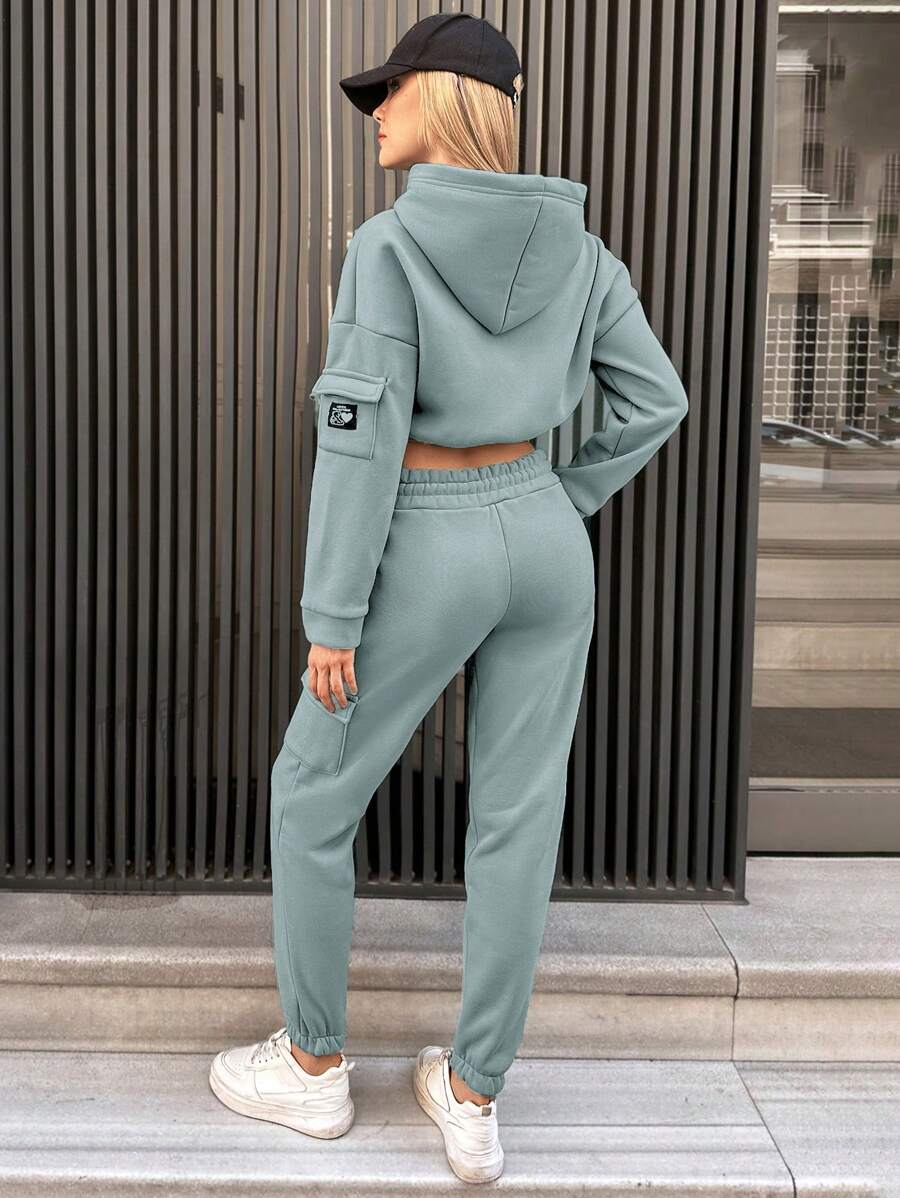 RueChic Letter Graphic Drop Shoulder Crop Hoodie & Sweatpants - Mint Blue - View 1