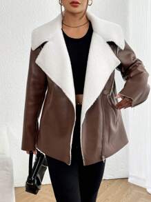 SHEIN LUNE Chaqueta De La Motocicleta, De PU, Para Mujer, Con Solapa De Color Contrastante
