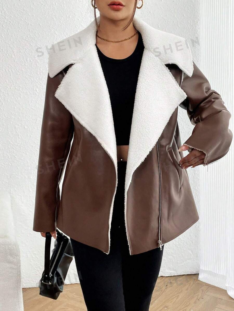 SHEIN LUNE Chaqueta De La Motocicleta, De PU, Para Mujer, Con Solapa De Color Contrastante