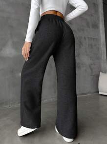 EURMUSE Drawstring Waist Wide Leg Women's Sweatpants - Black - View 2