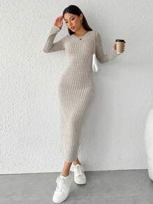 SHEIN PETITE 純色長袖裙 - 卡其色 - 查看 4